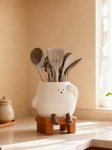 1pc Cute Cartoon Character Kitchen Utensil Holder, Multifunctional Wooden Cutlery Organizer With Drainage Design, Adorable Countertop Storage Solution For Chopsticks, Spoons, Forks, Stylish Kitchen Decor Accessory Perfect For Breakfast Nook, Home Kitchen & Cafe Use, Space - Saving Tableware Organizer Gift For Kitchen Enthusiasts