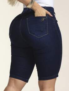 Women's Denim Cycling Shorts With Elastane, Butt-Lifting Design - Dark Blue - View 4