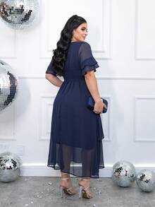 Elegant Midi Dress With Flared Short Sleeves, Perfect For Weddings, Bridesmaids, And Summer Style. - 藏蓝色 - 查看 2