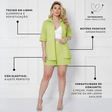 Women's Set Short Sleeve Shirt And High Waist Linen Bermuda Shorts - 青檸色 - 查看 4