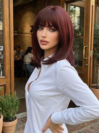 Peluca recta de 14 pulgadas de color borgoña para mujeres con diadema y flequillo sintéticos, que ofrece una apariencia elegante, hermosa y natural. Peluca sintética resistente al calor adecuada para uso diario y fiestas