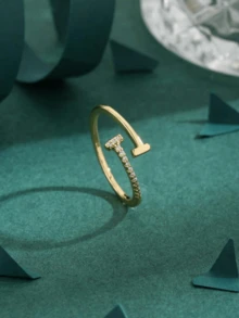 1pc Copper Zirconia Crystal Double T-Shape Open Ring For Women - A - View 3