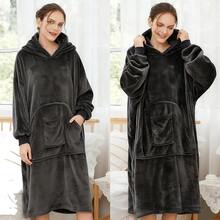 Flannel Thickened Sherpa Hooded Pullover Loungewear, Cozy Snuggle Wearable Blanket For Cold Weather - Black - View 9
