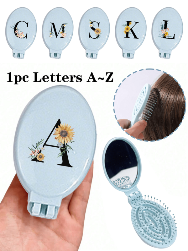 Pettine pieghevole blu portatile con design a fiore di margherita cava e lettere A-Z con specchio per il trucco - Pettine pieghevole portatile con specchio per il trucco, comodo da trasportare, adatto per viaggi e uso all'aperto, pettine a doppia funzione con cuscinetto d'aria, pettine per massaggio del cuoio capelluto, adatto per uso all'aperto e domestico, può anche essere regalato a famiglia, amici, partner o come regalo di compleanno.