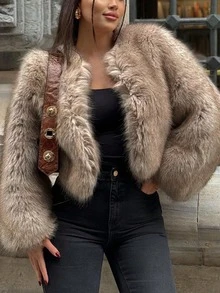 女士优雅时尚上衣 – 纯色米色蓬松短款冬季外套：质地柔软，款式时尚，完美适用于感恩节、圣诞节、新年、婚礼、生日派对和约会。 - 杏色 - 查看 1