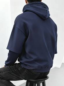 Men's Autumn/Winter Hooded Double-Layer Two-In-One Sleeve American Streetwear Pullover Sweatshirt - Blue - View 2