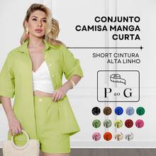 Women's Set Short Sleeve Shirt And High Waist Linen Bermuda Shorts - 青檸色 - 查看 2