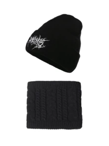 1/2/3件装哥特风男士刺绣围巾针织帽，女士时尚街头滑雪帽，保暖百搭的防寒帽，宽松版型 - 彩色 - 查看 14