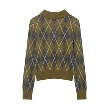 Seelio Autumn/Winter New Women's Fashion Minimalist Versatile Rhombus Pattern Polo Neck Long Sleeve Knit Sweater - Olive Green - View 6