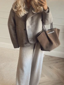 Women's Brown Faux Fur Lined Winter Jacket - Casual Streetwear Style Loose Fit Lapel Collar With Pockets Long Sleeve Outerwear - Dusty Purple - View 1