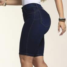 Women's Denim Cycling Shorts With Elastane, Butt-Lifting Design - Dark Blue - View 2
