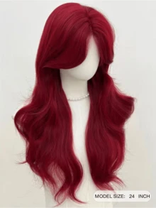24 Inch 240g Synthetic Heat Resistant Wavy Red Medium Length Wig With Bangs, Elegant Wig Suitable For Women's Daily Wear - Red - View 3