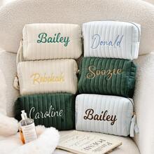 Personalized Embroidered Velvet Makeup Bag, Letter Embroidered Travel Toiletries Bag, Bridesmaid Gift, Ladies Embroidered Velvet Storage Bag, Gift For Her,Personalized,Bridal Party Gifts,Bridesmaids Gift,Embroidered Gift,Monogram Makeup Bag,Makeup Bag,Toiletry Bag,Travel Makeup Bag,Cosmetic Bag,Custom Makeup Bag,Monogram Gift,Makeup Organizer. - Apricot - View 2