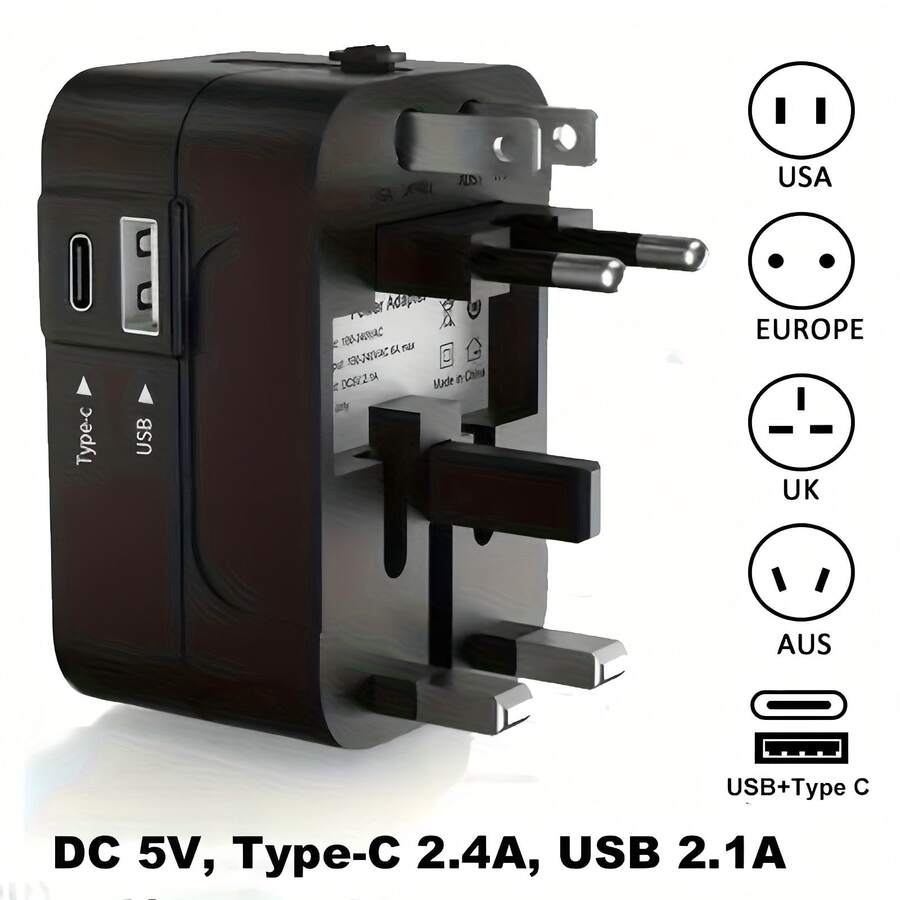1 Bộ chuyển đổi du lịch có 1 cổng sạc USB & 1 cổng sạc Type-C, Bộ sạc du lịch toàn cầu đa năng, Bộ chuyển đổi phích cắm nguồn AC cho bộ sạc tường, Bộ chuyển đổi chuyển đổi US/EU/UK/AU, Bộ sạc USB, Bộ sạc Type C
