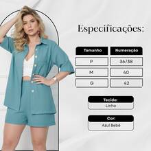 Women's Set Short Sleeve Shirt And High Waist Linen Bermuda Shorts - 淺藍色 - 查看 3