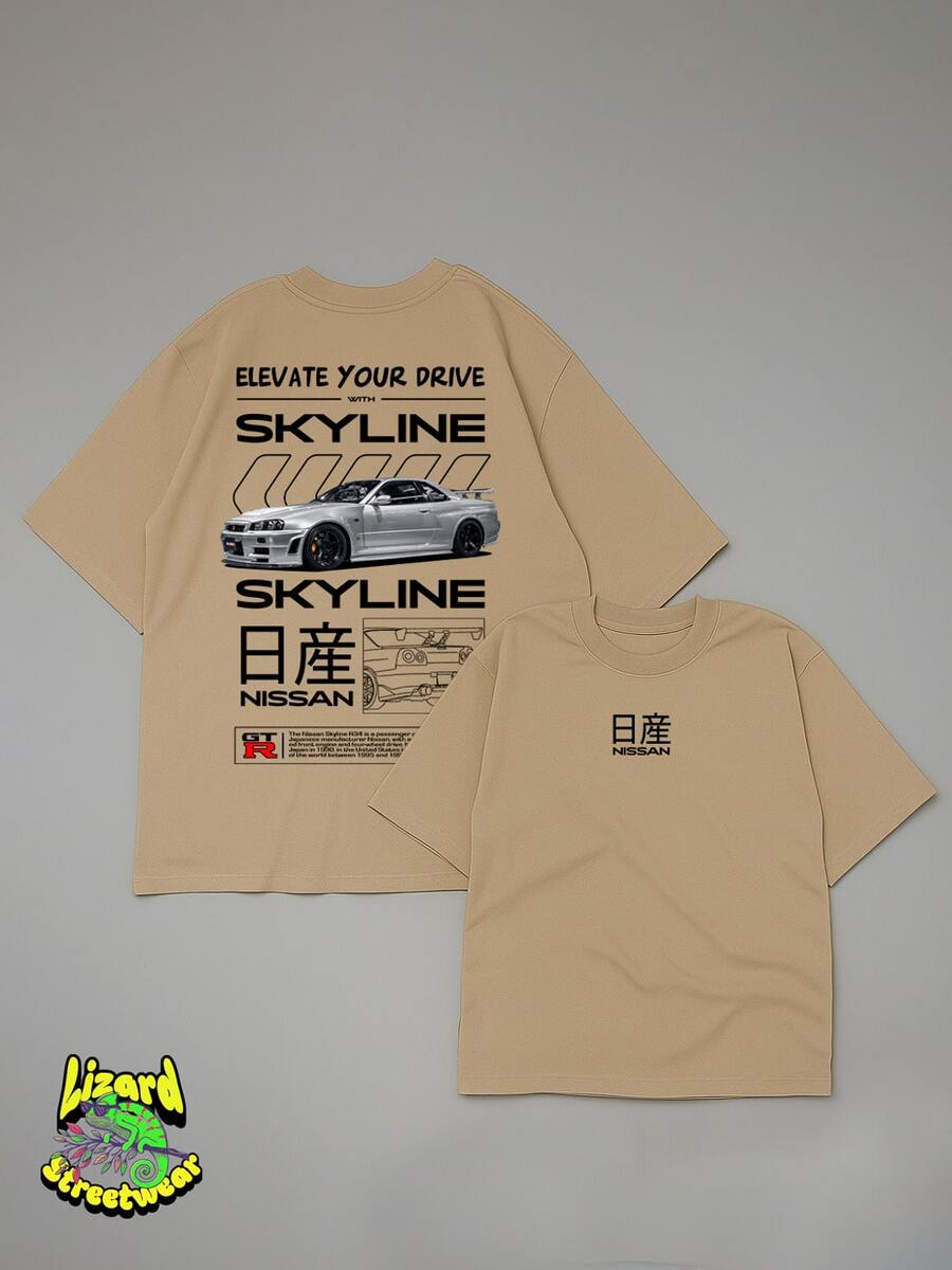 Camiseta Skyline Nissan Prata Coleção Carros Automobilismo Veiculos Street Camisa Blusa Unissex Masculino Feminino 100% Algodão Top Premium Streetwear Lançamento Varias Cores!! Plus Size - Bege - Visão 1