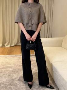 女士时尚休闲通勤纯色纽扣圆领双层斗篷式针织开衫，适合冬季、秋季、新年、感恩节等场合，灰色 - 灰色 - 查看 2