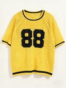 男士圆领网眼针织毛衣 - 黄黑相间“88”图案休闲套头衫 - 黃色 - 查看 3