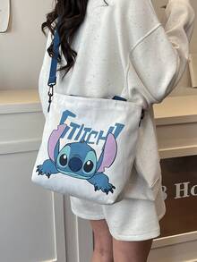 史迪奇帆布手提袋，厚帆布材质，可爱史迪奇躺卧图案+蓝色“史迪奇”字样，容量大、轻便舒适，可装书籍/笔记本电脑，适合青少年/女孩/女性/动漫爱好者，可用于学校/工作/购物/旅行/休闲外出，必备单品，美观的生日/节日/特殊场合礼物。