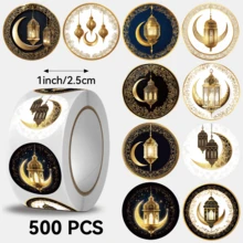 500pcs/Roll Gold Crescent Moon Lantern Pattern Stickers, Ideal For Gift Decoration. Size: 2.5 Cm / 1.0 Inch. Happy Ramadan! Self-Adhesive, Round Stickers Suitable For Decorating Gifts, Packaging Boxes, Stationery, And Other Products You Love. - Multicolor - View 2