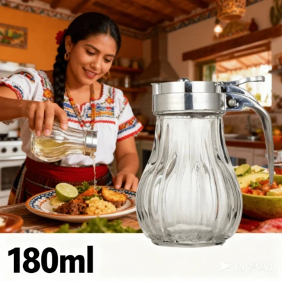 Dispensador de miel y jarabe en vidrio lágrima acanalado con tapa metálica cromada diseño duradero y fácil vertido ideal para hogar y vida