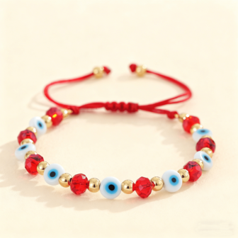 1条波西米亚风简约铜珠手链，恶魔之眼手链，金珠手链，彩色水晶手链，彩色玻璃手链，可调节红色编织手链，幸运手链，可叠戴手链，情侣手链，朋友礼物，生日礼物，姐妹手链，家庭礼物，情人节礼物，圣诞礼物，周年纪念礼物