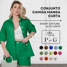 Women's Set Short Sleeve Shirt And High Waist Linen Bermuda Shorts - Green - View 2