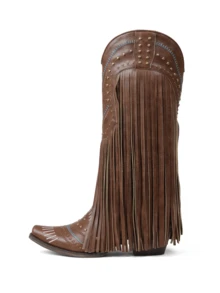 Women's Fringe Cowboy Boots Pointed Toe Chunky Heel Pull On Western Wide Calf Shoes Embroidered Tassal Cowgirl Boot With Riveted Design For Halloween Christmas - Brown - View 7