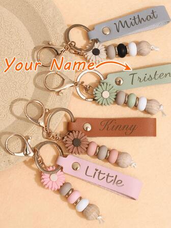 1ชิ้น พวงกุญแจลูกปัดเดซี่แฮนด์เมด ของขวัญ, พวงกุญแจลูกปัดเดซี่หนังแบบกำหนดเอง, พวงกุญแจหนังเทียมลูกปัดดอกไม้หรูหรา