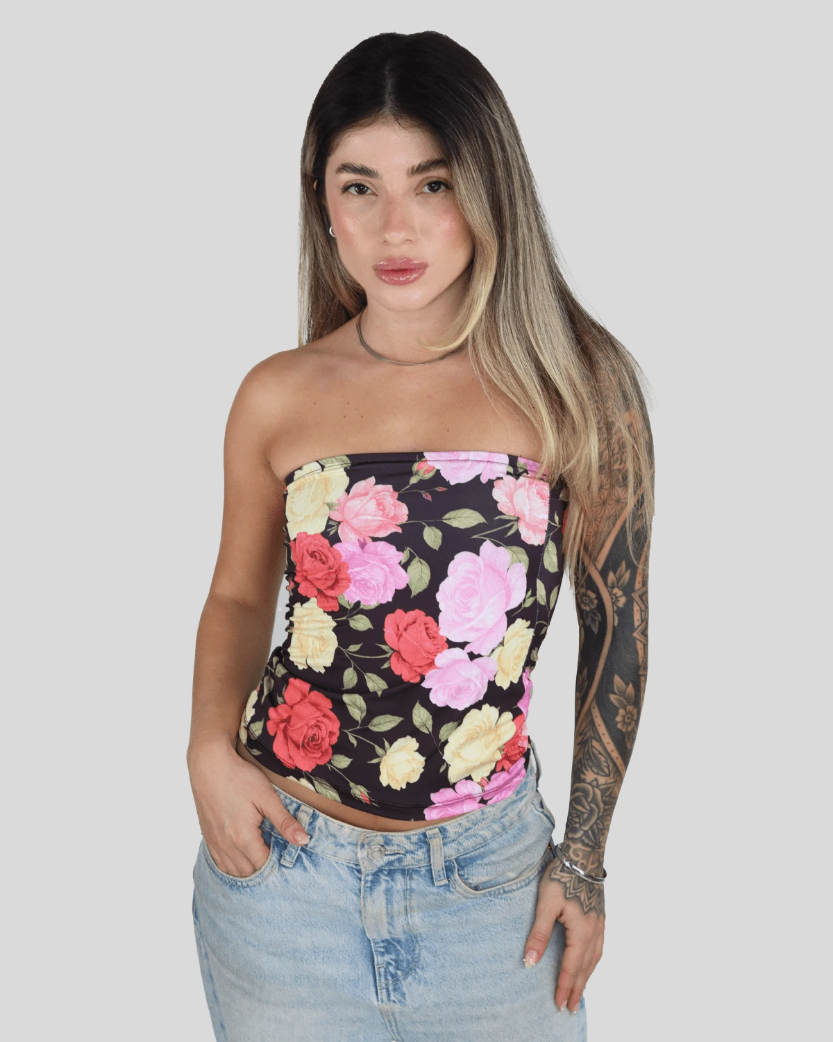 Printed Cropped Slim Fit Strapless Casual Basic Floral Print Tube Top - Aitona - TROPICAL VINTAGE - View 1