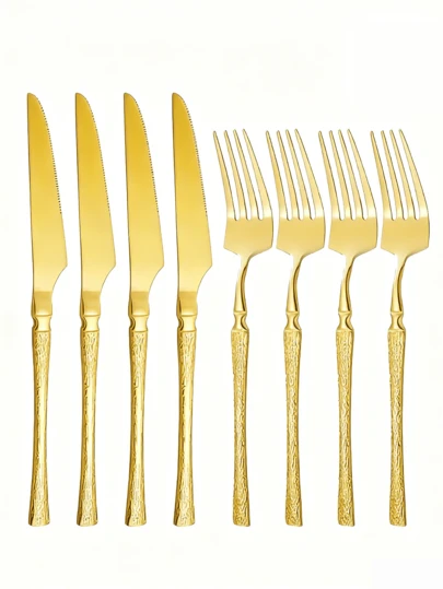 2/4/8件套不锈钢镜面餐具套装，复古纹理手柄防滑设计，适用于家庭厨房、餐厅、派对、节日庆典等场合。