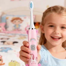 Juego de cepillos de dientes eléctricos para niños Cuenta con un diseño ergonómico con un mango antideslizante de 5,5 cm, cerdas pulidas con cristal para proteger las encías, motivos de animales de dibujos animados para fomentar el entusiasmo por el cepillado y funcionamiento con pilas secas para un uso y cómodo. Ideal para baños familiares y el cuidado bucal diario de los niños. - Rosa - Ver 6