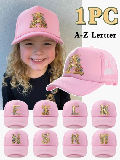 1pc Girls' Pink Floral Decor Letter Pattern Breathable Mesh Baseball Cap, 26 Letter Personalized Fashion Elegant, Lightweight Breathable Quick-Dry Sun-Shading Hollow Design, Suitable For Spring/Summer Daily Outdoor Activities, Hiking, School, Leisure, Great Gift For Birthday And Holidays