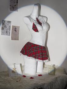 5件套女士性感内衣套装，角色扮演学生制服服装，包括丁字裤、领带、裙子、胸罩上衣，适合万圣节、私人派对、情人节等场合。 - 紅色 - 查看 4