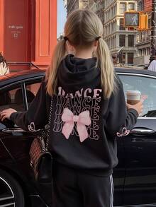 1件少女休闲印花套头卫衣，保暖内衬，长袖，秋冬季学生青少年服装 - 黑色 - 查看 9