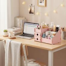 Caja organizadora de cosméticos para escritorio, organizadora de tocador con cajones para joyas y productos de cuidado de la piel, caja de almacenamiento de madera ensamblada para maquillaje - Rosa - Ver 3