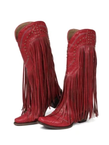 Women's Fringe Cowboy Boots Pointed Toe Chunky Heel Pull On Western Wide Calf Shoes Embroidered Tassal Cowgirl Boot With Riveted Design For Halloween Christmas - 紅色 - 查看 4