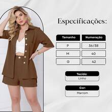 Women's Set Short Sleeve Shirt And High Waist Linen Bermuda Shorts - Rust Brown - View 3