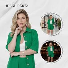 Women's Set Short Sleeve Shirt And High Waist Linen Bermuda Shorts - Green - View 5