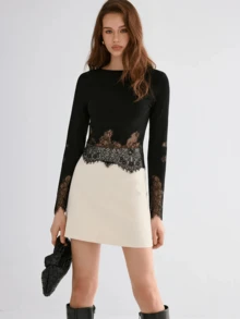 Women's Spring Summer Round Neck Tops Long Sleeve Slim Fit Party Lace Patchwork Blouse - 黑色 - 查看 3