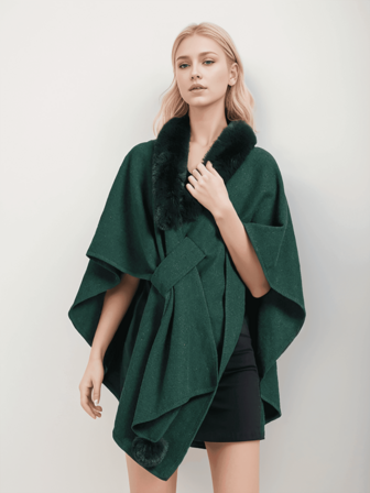 1 pieza Poncho de cárdigan con capucha de piel sintética elegante para mujer, abrigo de invierno de estilo largo