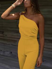 Bộ jumpsuit không tay màu vàng ánh kim của Vuslat dành cho nữ, kiểu dáng ôm sát, cạp cao, ống loe với chi tiết vòng kim loại, thích hợp cho mùa hè, mùa xuân, đi biển, dự tiệc, đi chơi. - Vàng - Xem 4