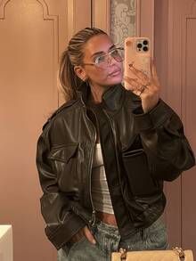 Ladies' Autumn New Retro Street Cool Style Short Standing Collar PU Leather Jacket - Army Green - View 2