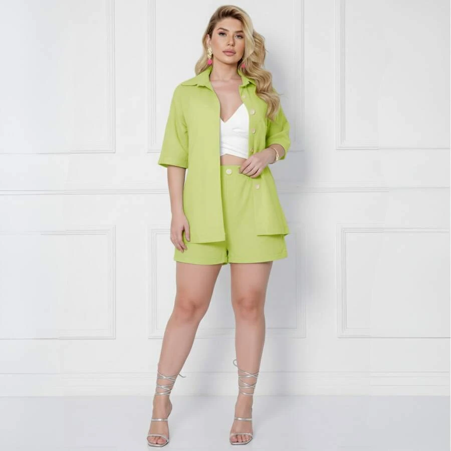 Women's Set Short Sleeve Shirt And High Waist Linen Bermuda Shorts - 青檸色 - 查看 1