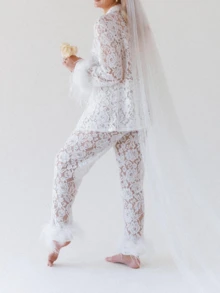 Womens Valentine's Day See Through Lace 2 Piece Outfits Feather Trim Long Sleeve Button Down Mesh Shirts And Pants Set - 白色 - 查看 7