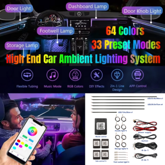 FILIPLI Universal 18 In 1 Dual Zone LED Car Ambient Light RBG 64 Color Interior Acrylic Strip Backlight Guide Decoration Atmosphere Lamp