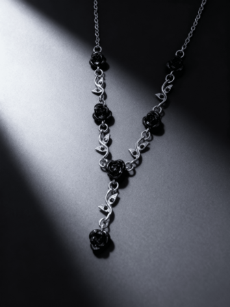 1pc Black Rose Flower & Leaf Black Gem Necklace, Suitable For Daily Wear For Women