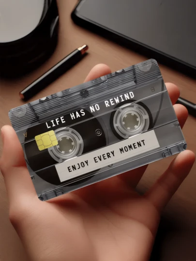 1个创意磁带造型信用卡夹，附赠励志贴纸“人生没有重来，享受每一刻”，PVC材质，防指纹，耐用防刮，男女通用，可收纳小型芯片卡、银行卡、信用卡、交通卡、学生证等，DIY