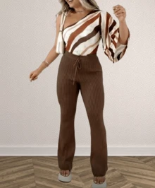 Women's Straight Cut Knit Pants In Modal With Button Knot - Coffee Brown - View 3