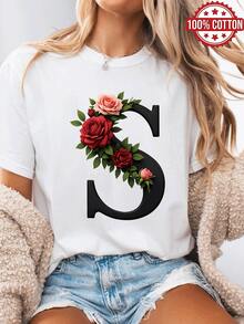 1PC 100% Cotton Letter S Floral Print Women's Crewneck Tshirt, Fashionable Street Style Tee, Perfect Holiday Gift, Birthday Gift, Suitable For Daily Wear. - White - View 1
